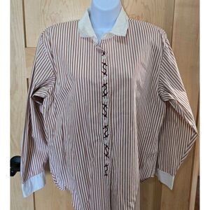 Vintage Red & White Striped Button-Down Shirt Embroidered Accents granny core